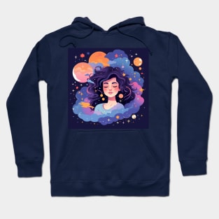 Woman with sweet dreams concept Young girl with galaxy and universe at hairs Hoodie